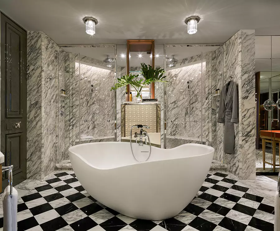 Modern tub on checkered floor